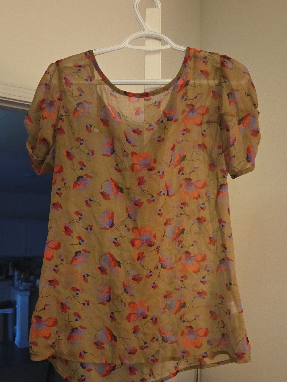 Old Navy Olive Short-Sleeve Floral Blouse with Red and Lavender Accents
